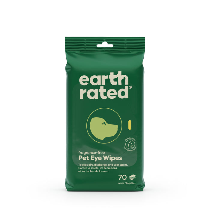 A pack of Earth Rated Dog Eye Wipes, perfect for sensitive eyes, offers 70 hypoallergenic, fragrance-free wipes to clean dirt and discharge while removing tear stains. The packaging is green with a simple drawing of a dogs face.