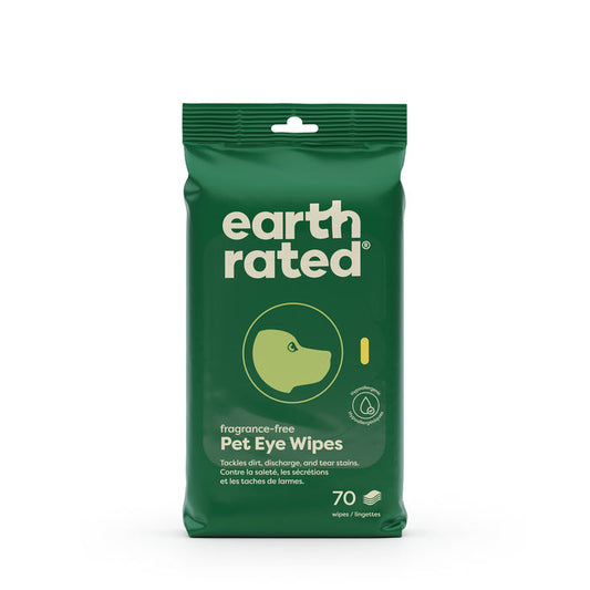 A pack of Earth Rated Dog Eye Wipes, perfect for sensitive eyes, offers 70 hypoallergenic, fragrance-free wipes to clean dirt and discharge while removing tear stains. The packaging is green with a simple drawing of a dogs face.