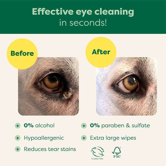 Comparison of a dog's eye before and after cleaning. Before shows tear stains; after is clean. Text highlights features: 0% alcohol, hypoallergenic, reduces tear stains, 0% paraben &amp; sulfate, extra large wipes. Includes cruelty-free and FSC icons.