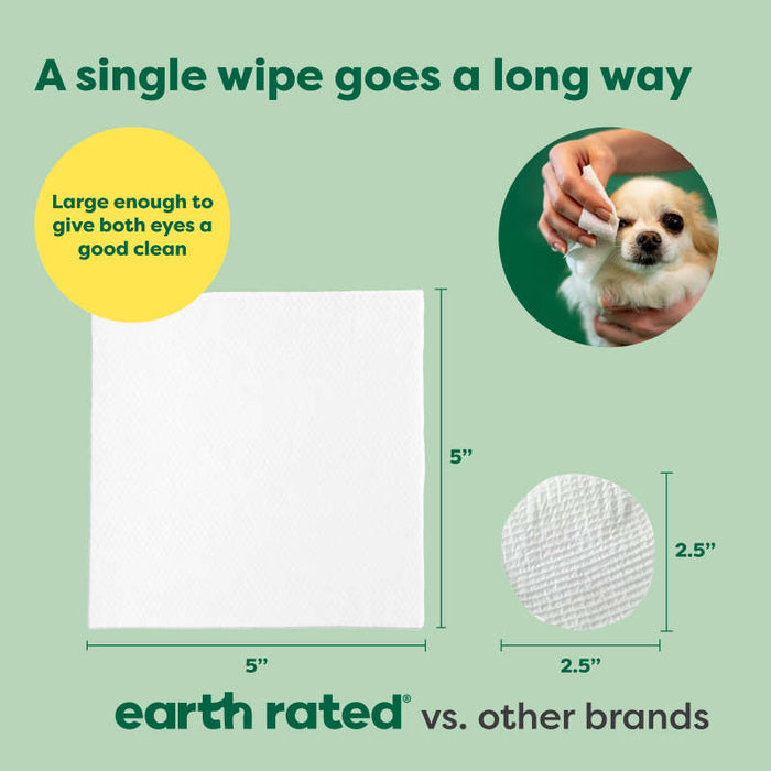 A side-by-side comparison of a 5"x5" Earth Rated wipe and a 2.5" round wipe from another brand. A dog being cleaned with a wipe is shown above. Text: "A single wipe goes a long way" and "Large enough to give both eyes a good clean.