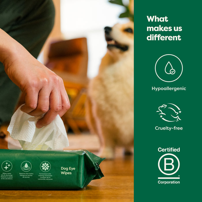 A person takes a dog eye wipe from a green package. A dog stands in the background. The side text reads: "What makes us different - Hypoallergenic, Cruelty-free, Certified B Corporation." Icons accompany each feature.