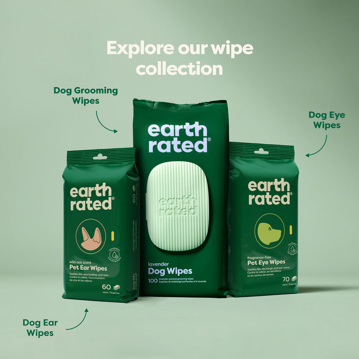Image of three packages of "Earth Rated" pet wipes. The largest is lavender-scented dog wipes in the center, flanked by grooming wipes for ears on the left and eye wipes on the right. Text above reads, "Explore our wipe collection.