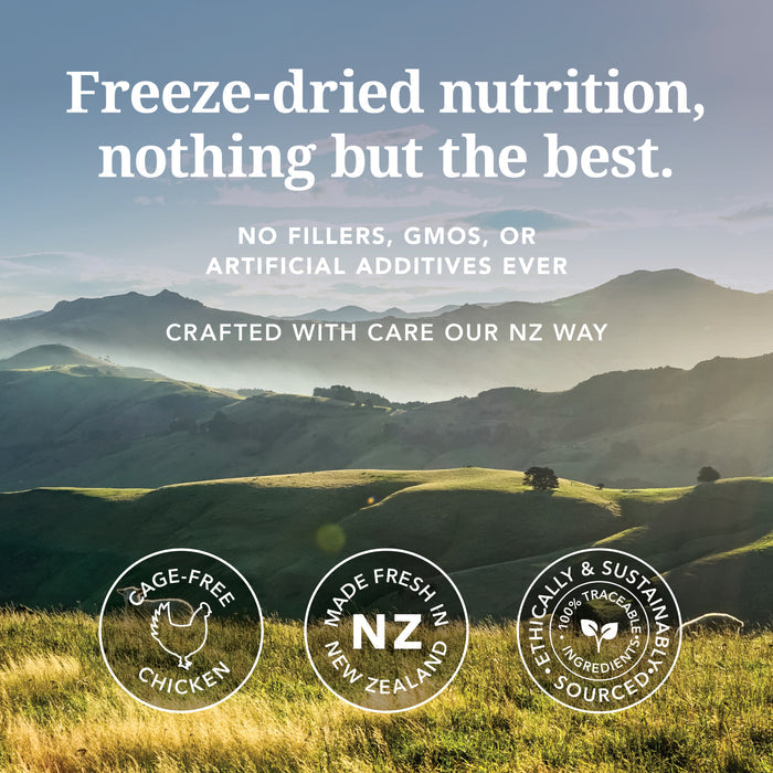 A scenic view of grassy hills under a cloudy sky with text promoting K9 Natural Dog Food - Grain-Free, Freeze-Dried, made in New Zealand from cage-free chicken and ethical ingredients, free of fillers, GMOs, or additives.