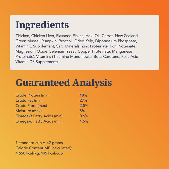 K9 Natural Dog Food - Grain-Free, Freeze-Dried: Ingredients include chicken, liver, flaxseed flakes, hoki oil, carrot, vitamins & minerals. Highlights New Zealand quality with guaranteed analysis of protein, fat, fiber, moisture & fatty acids.