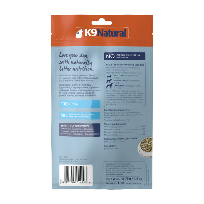 K9 Naturals Grain-Free Freeze-Dried Dog Food Supplement Booster features 100% green tripe and contains no artificial preservatives or flavors. The packaging provides feeding guidelines based on your dogs size, ensuring a nutritious and natural choice for your canine companion.