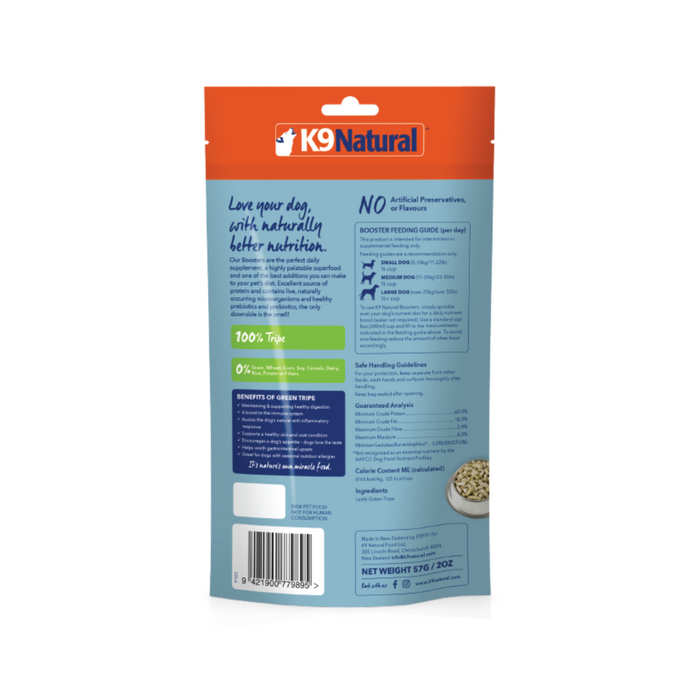 The K9 Natural Grain-Free Freeze-Dried Dog Food Supplement Booster bag showcases a vibrant orange and white design with benefits, feeding guidelines, and nutritional info. The top displays the brand logo, while the bottom has a barcode. Its enriched with New Zealand Lamb Tripe for added health benefits.
