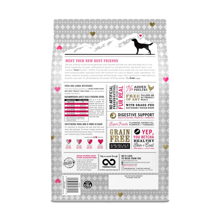 The Dog Kibble - Nude Food Red Meat Medley Recipe package from I and Love and You features a dog silhouette with labels like Grain Free, Digestive Support, and Grass-Fed against a heart-patterned gray and pink background, showcasing its natural ingredients.