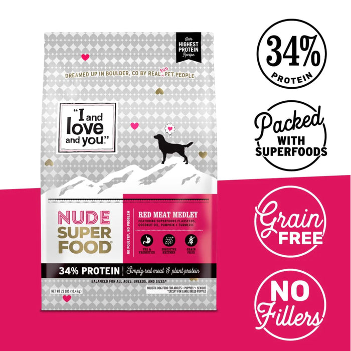 A package of "I and Love and You" Nude Super Food Red Meat Medley dog food. Highlights include 34% protein, grain-free, no fillers, and packed with superfoods. The design features a dog silhouette and a snowy mountain backdrop.