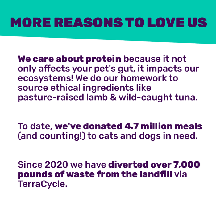 Text graphic with messages: "MORE REASONS TO LOVE US," detailing commitment to sustainable protein sourcing and ecosystem impact. States 4.7 million pet meals donated and over 7,000 pounds of waste diverted from landfills via TerraCycle.
