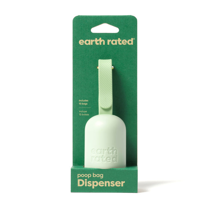 The Earth Rated Dog Leash Dispenser, made from recycled plastic, is presented in packaging with Earth Rated and Dog Leash Dispenser displayed on the dark green pack. It includes a convenient strap for easy carrying.