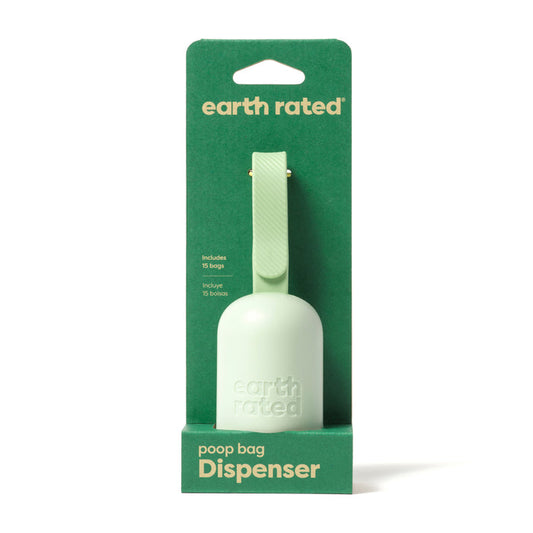 The Earth Rated Dog Leash Dispenser, made from recycled plastic, is presented in packaging with Earth Rated and Dog Leash Dispenser displayed on the dark green pack. It includes a convenient strap for easy carrying.