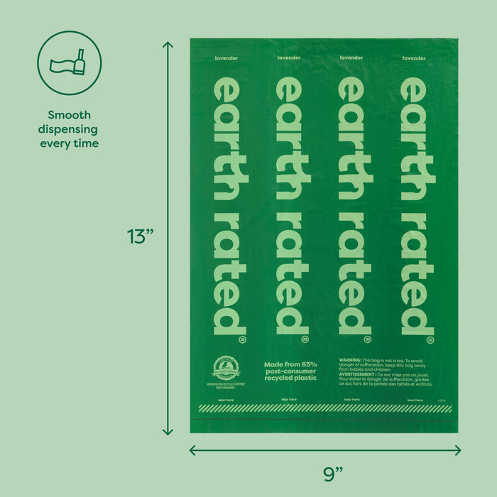 Green Earth Rated dog waste bag packaging on a light green background. The packaging indicates it's made from 65% recycled plastic, with smooth dispensing. Dimensions are 13 inches by 9 inches, featuring a lavender scent.