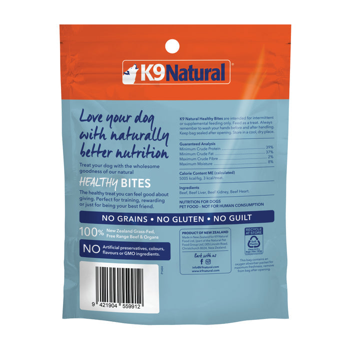 The back of the Grain-Free Freeze-Dried Dog Treats by K9 Natural, straight from New Zealand, highlights natural treats with benefits, nutrition details, and pure ingredients free from grains, gluten, and artificial flavors. A barcode is found at the bottom.