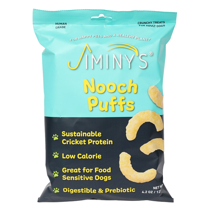 Jiminys Dog Treats come in a blue and teal 4.2 oz bag, featuring sustainable cricket protein, nutritional yeast for taste, low calories, suitability for food-sensitive dogs, and digestive benefits.