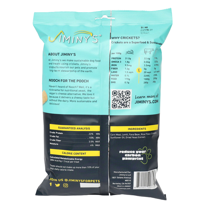 Reduce your carbon footprint with Jiminys cricket protein-packed dog treats. This superfood blend, enriched with nutritional yeast, promotes sustainability. Scan the QR code for full nutrition details and connect with us on social media!.