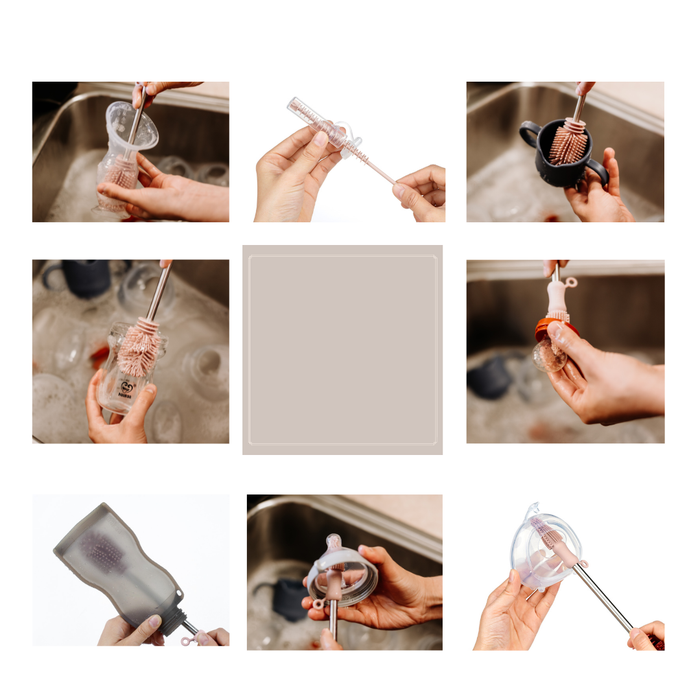 An eight-image collage shows hands using Haakaas Double-Ended Silicone Cleaning & Bottle Brush to clean baby bottles and parts. Various brushes scrub inside bottles and around parts in a sink filled with soapy water, showcasing these essentials for effective baby gear cleaning.