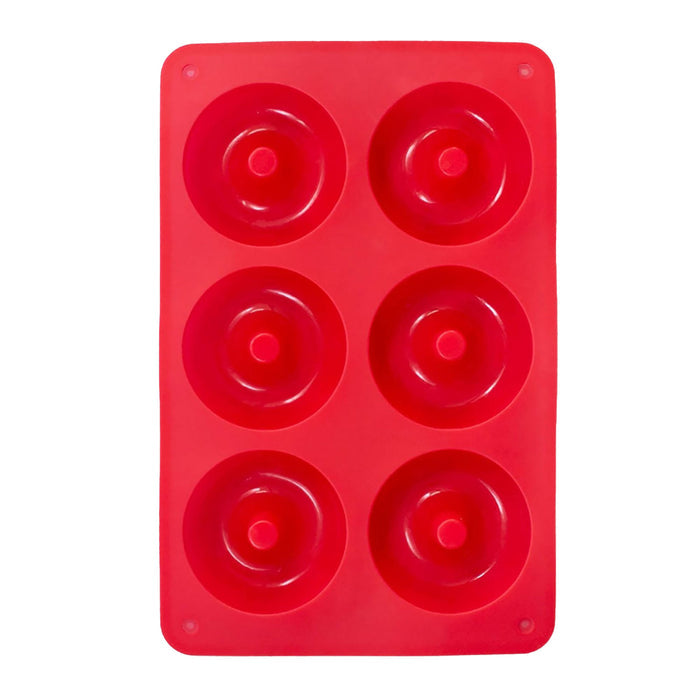 The FarmSteady Doughnut Baking Pan is a red silicone tray with six round molds, ideal for crafting homemade doughnuts or similar baked goods, shown from above.