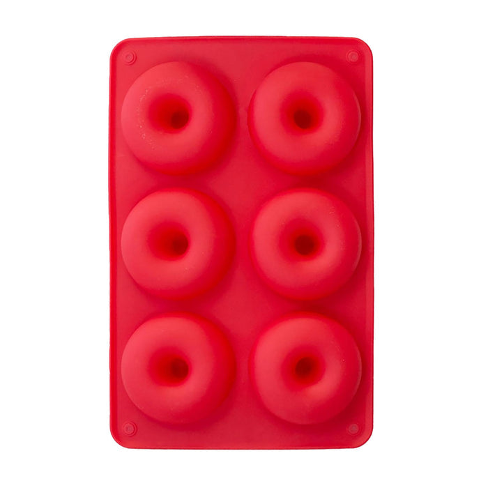 The FarmSteady Doughnut Baking Pan is a red silicone mold with six circular cavities on a rectangular base, ideal for baking homemade doughnuts.