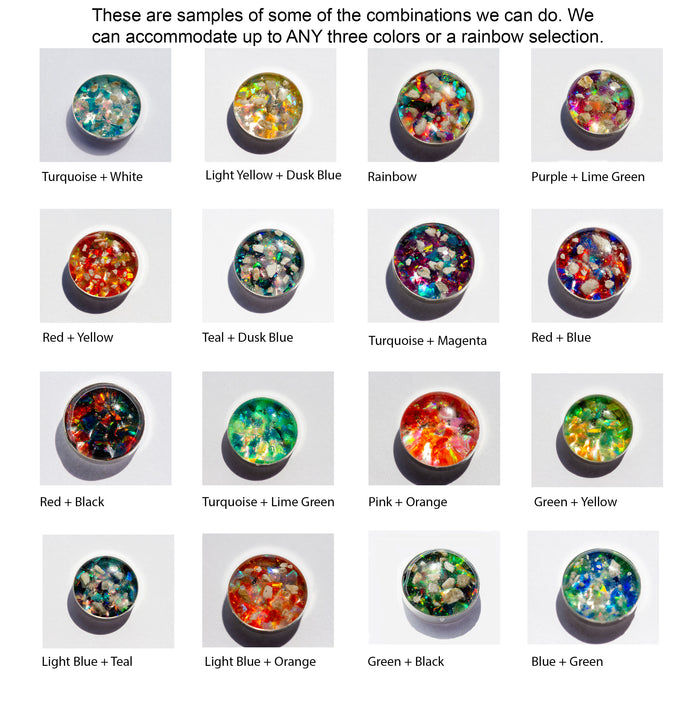 Color combination chart for the dragon agate and red agate bracelet beads showing sample blends such as Turquoise + White, Light Yellow + Dusk Blue, Rainbow, Purple + Lime Green and other two color pairings.