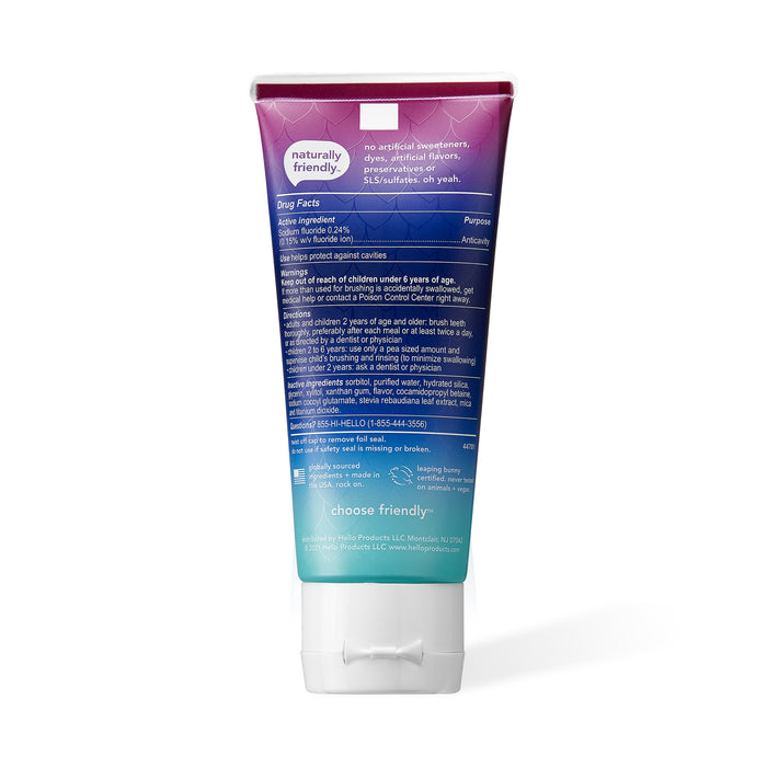 Introducing Dragon Dazzle Toothpaste by hello, featuring a captivating purple and teal gradient design. This naturally friendly toothpaste highlights its natural flavor on the front and lists drug facts with contact details in crisp white text on the back, free from artificial ingredients.