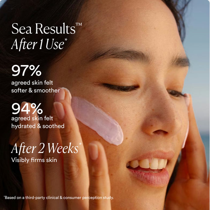 A woman smiles while applying OSEA Dream Night Cream with Bio-Retinol to her cheek. Text: After 1 use—97% felt softer skin, 94% felt hydrated skin. After 2 weeks—visibly firms skin.* *Third-party study.