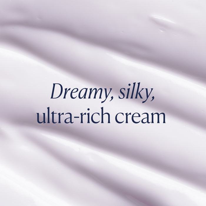 Creamy, smooth lavender-hued texture with gentle ripples and “Dreamy, silky, ultra-rich overnight moisturizer” in elegant dark lettering centered over OSEA Dream Night Cream with Bio-Retinol.