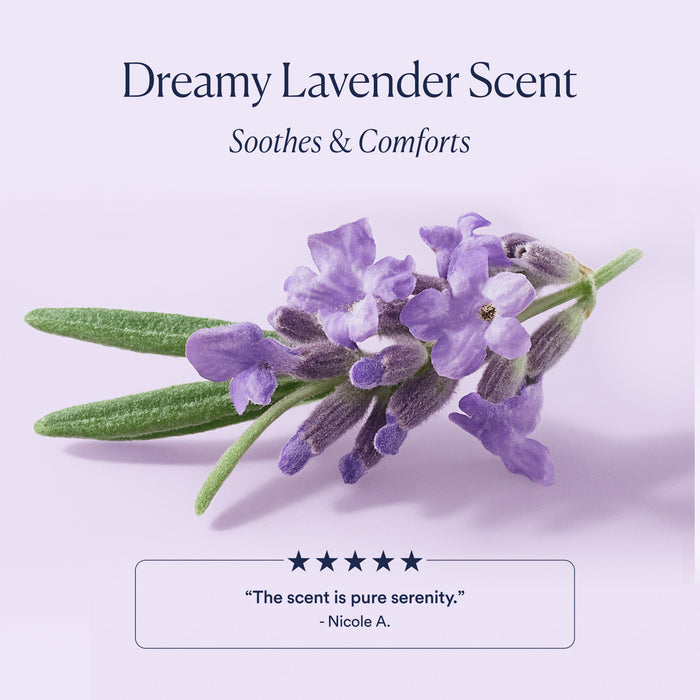 A sprig of fresh lavender highlights OSEA’s Dream Night Cream with Bio-Retinol. Text above: Dreamy Lavender Scent, Soothes & Comforts—ideal overnight moisturizer. Below, five-star review: The scent is pure serenity. - Nicole A.