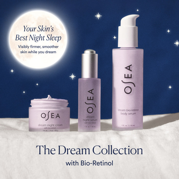Three OSEA products rest on a soft surface with a blue starry background. Text highlights The Dream Collection featuring Dream Night Cream with Bio-Retinol—an overnight moisturizer for radiant skin.