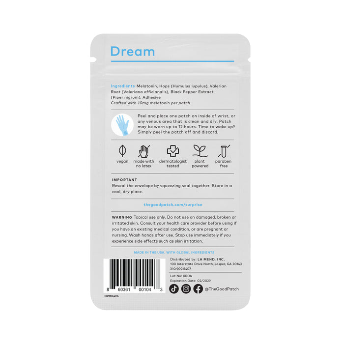 The Dream Patch by The Good Patch includes ingredients like melatonin and valerian root. It features vegan and recyclable icons, instructions, contact info, and warnings at the bottom for your convenience.