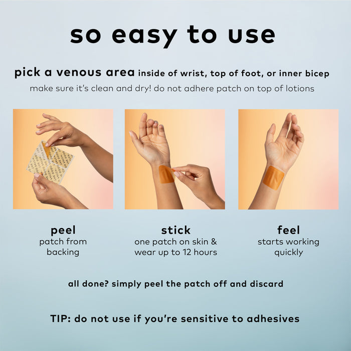 Instructions for using the Dream Patch by The Good Patch: Step 1: Peel the patch from backing. Step 2: Stick one wellness patch on your skin and wear for up to 12 hours. Step 3: Feel it start working quickly. Note: Do not use if sensitive to adhesives.