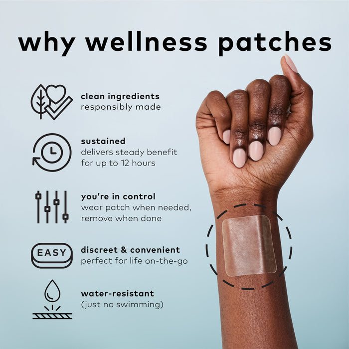 A hand displays the Dream Patch wellness patch by The Good Patch on the wrist, perfect for sleep aid. Highlights: clean ingredients, 12-hour sustained effects, user control, discreet convenience. Water-resistant but not swim-proof. Illustrations emphasize each benefit.