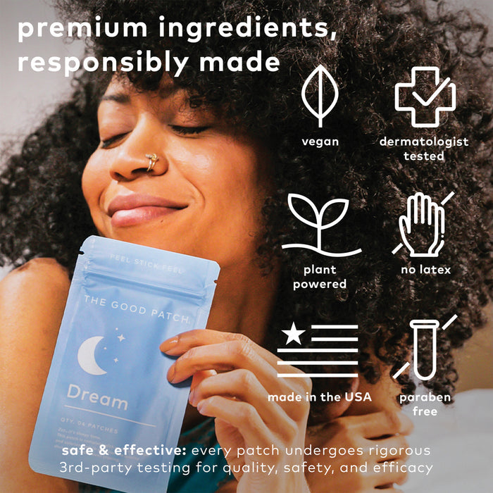 A curly-haired person smiles, holding a package labeled Dream Patch by The Good Patch. Icons show its vegan, dermatologist tested, plant-powered, made in the USA, latex-free, and paraben-free. Text highlights the rigorous testing of this innovative sleep patch for wellness.