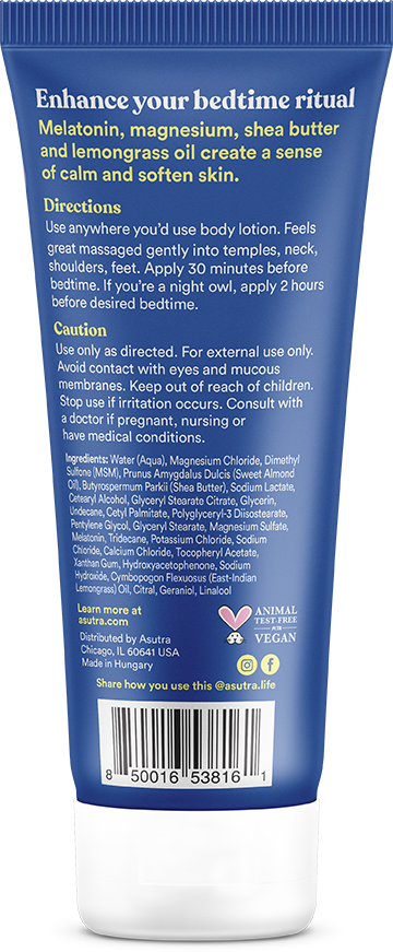 Asutras Dream the Night Away Melatonin Lotion contains magnesium, shea butter, and lemongrass oil. The vegan lotion includes directions and caution details on its label and is proudly made in Hungary.