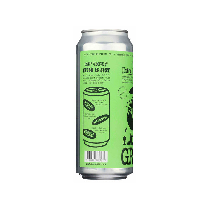 Grazas Drizzle Extra Virgin Olive Oil - Refill comes in a tall, silver can with a green label that emphasizes freshness and quality through modern design elements. The eco-conscious, refillable packaging highlights premium ingredients.