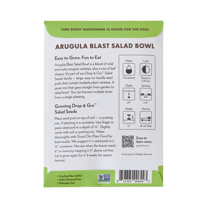 Back of Good Dirts Seed Pack - Arugula Blast Salad Bowl shows planting icons for water, light, placement, and depth. Features non-GMO, chemical-free, pathogen-free labels with a QR code for growth tips on this vibrant salad essential.