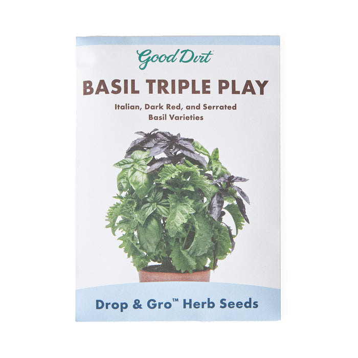 Good Dirts Seed Pack - Basil Variety Pack features vibrant images of basil with green and purple leaves. It highlights Italian, Dark Red, and Serrated Basil varieties and emphasizes its Non-GMO seed pod as part of the Drop & Gro Herb Seeds collection.