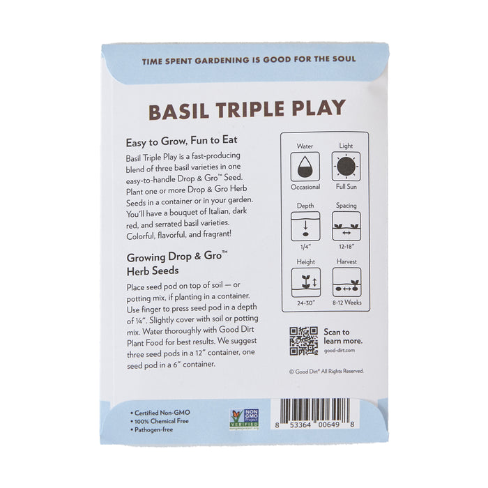 Back of a Good Dirt Seed Pack - Basil Variety Pack: Triple Play Basil needs occasional watering, full sun, 1/4-inch planting depth, and 6-inch spacing. It grows 18-24 inches tall, features a QR code for more info, and guarantees non-GMO seed pods are chemical-free.