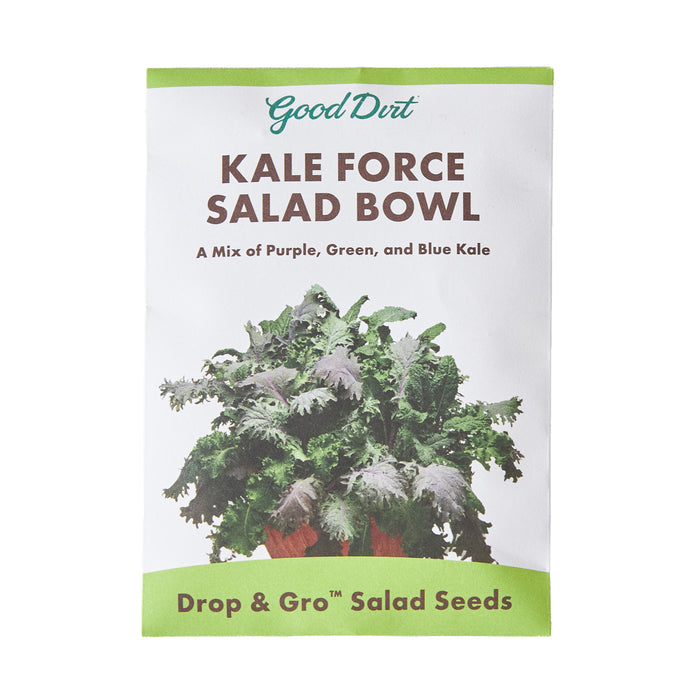The Good Dirt Seed Pack Kale Mix offers a vibrant blend of green, blue, and purple kale in a convenient Drop & Gro™ multiseed pod for easy gardening.