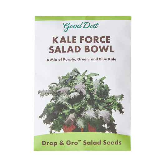The Good Dirt Seed Pack Kale Mix offers a vibrant blend of green, blue, and purple kale in a convenient Drop & Gro™ multiseed pod for easy gardening.