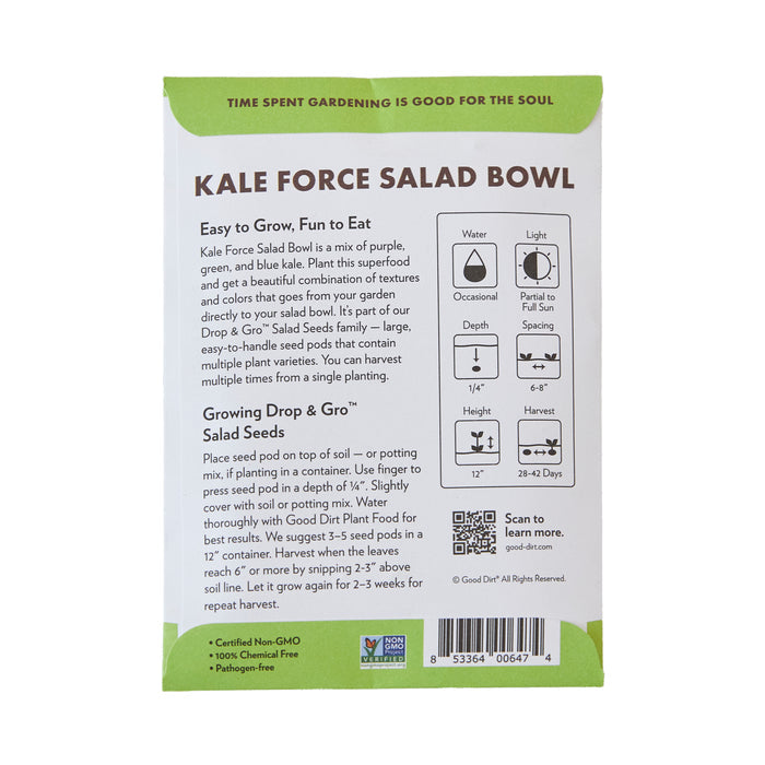 On the back of the Seed Pack Kale Mix - Green, Blue & Purple Kale by Good Dirt, find detailed planting instructions and care tips for water, light, and spacing with illustrative icons. A QR code and non-GMO certification info are included for responsible growing.