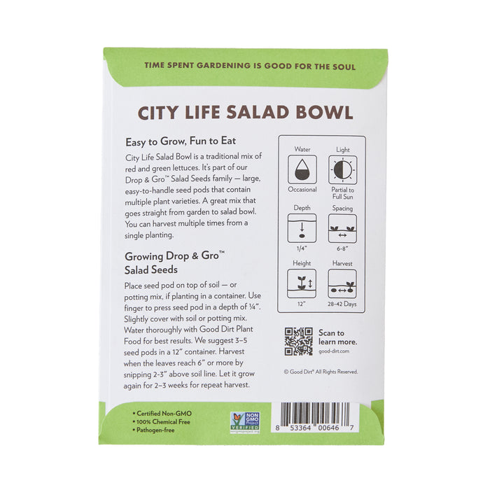 Back of Good Dirts Seed Pack Mix - Red & Green Lettuces features multispecies planting instructions, care icons for watering, light, depth, and spacing. It includes seed certification and a QR code for details. A green banner states, Time spent gardening is good for the soul.