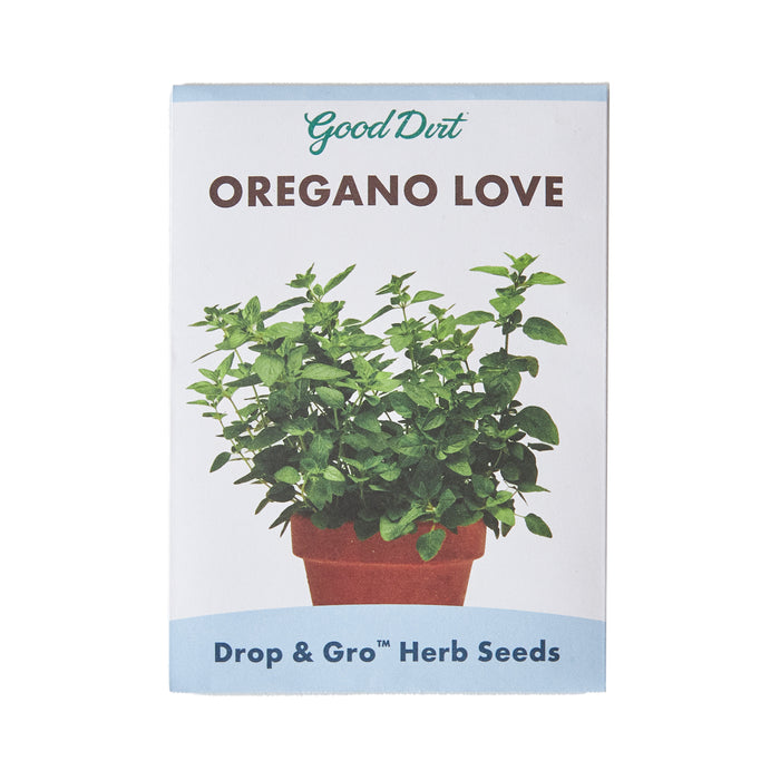 The Seed Pack - Oregano Love by Good Dirt features herb seeds in a terracotta pot. Labeled Drop & Gro Herb Seeds, these Certified Non-GMO seed pods are ideal for budding gardeners.