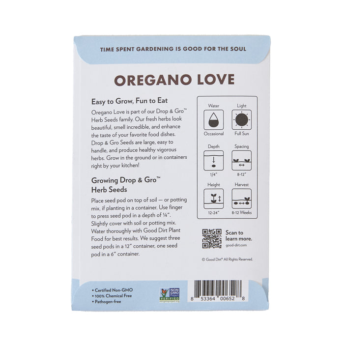 The image shows the back of a Seed Pack - Oregano Love by Good Dirt, detailing planting and care instructions. Symbols indicate water and light needs. Proudly Certified Non-GMO, this packet promises a chemical-free and pathogen-free experience.