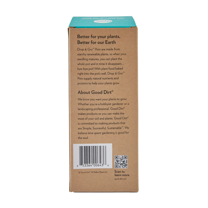 The side of the Good Dirt Drop & Gro Pots box highlights their eco-friendly nature. These self-feeding, compostable seed starters offer essential nutrients and promote sustainability. Scan the QR code for details.