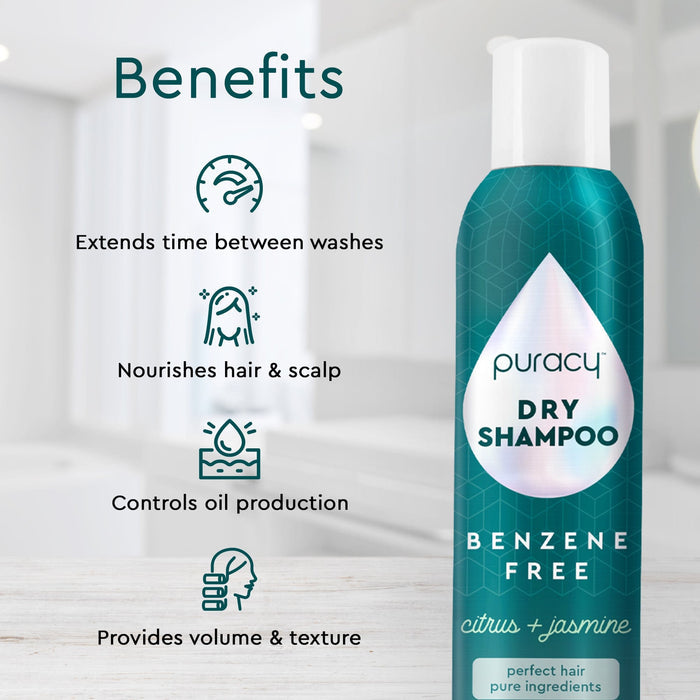 Puracy Dry Shampoo (Benzene & Silicone-Free, Color-Safe) bottle with citrus and jasmine scent, featuring hypoallergenic vegan benefits listed on the left side. Crafted with plant-based ingredients for a gentle, refreshing cleanse.  #common #size_standard
