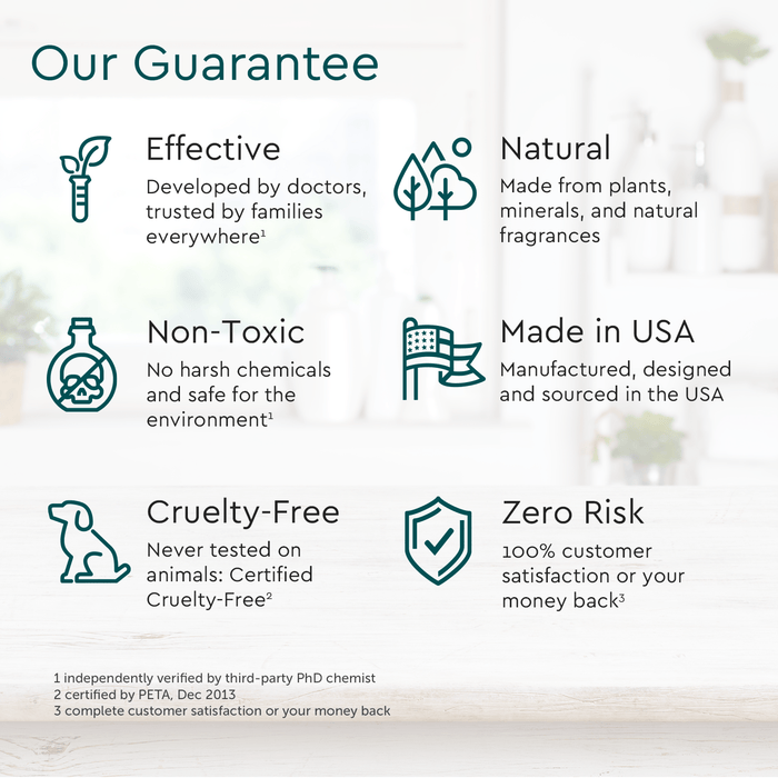 Our Guarantee icons for Dry Shampoo (Benzene & Silicone-Free, Color-Safe): Effective, Natural, Non-Toxic, Made in USA, Cruelty-Free, Zero Risk. Powered by plant-based ingredients and now includes a hypoallergenic vegan option.  #common #size_standard