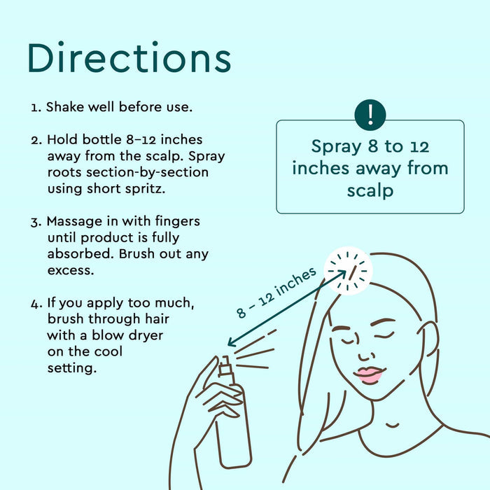 Instructions for using our Dry Shampoo (Benzene & Silicone-Free, Color-Safe): Shake well and spray 6 inches from roots. Massage gently for volume, then brush through. Infused with plant-based ingredients, it's hypoallergenic and vegan, delivering fresh hair without water. #common #size_standard