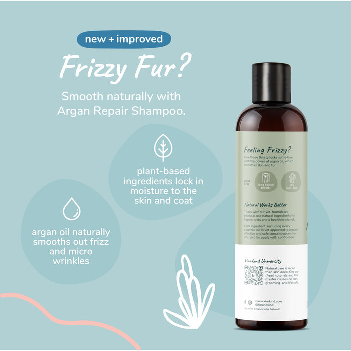 A bottle of kin+kinds Dry Skin & Coat Dog Shampoo is set against a blue backdrop. Text highlights its benefits: smoothing frizz with plant-based ingredients and argan oil for moisture. Ideal for natural pet care, the design features water droplets and a plant leaf graphic.