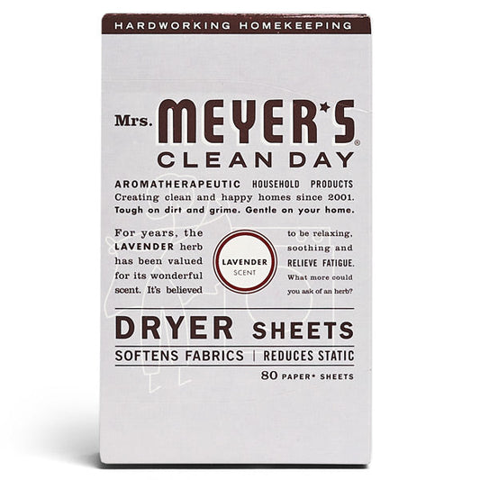 Mrs. Meyers Dryer Sheets in lavender scent provide 80 sheets for aromatherapeutic laundry, promising freshness, softness, and static reduction in a brown and white package.