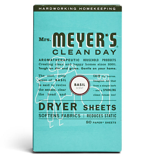 Mrs. Meyers Dryer Sheets, in a turquoise box with 80 sheets, offer a basil-scented freshness that enhances aromatherapy while softening fabrics and reducing static.